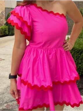 entro One-Shoulder Hot Pink Dress with Red Trim